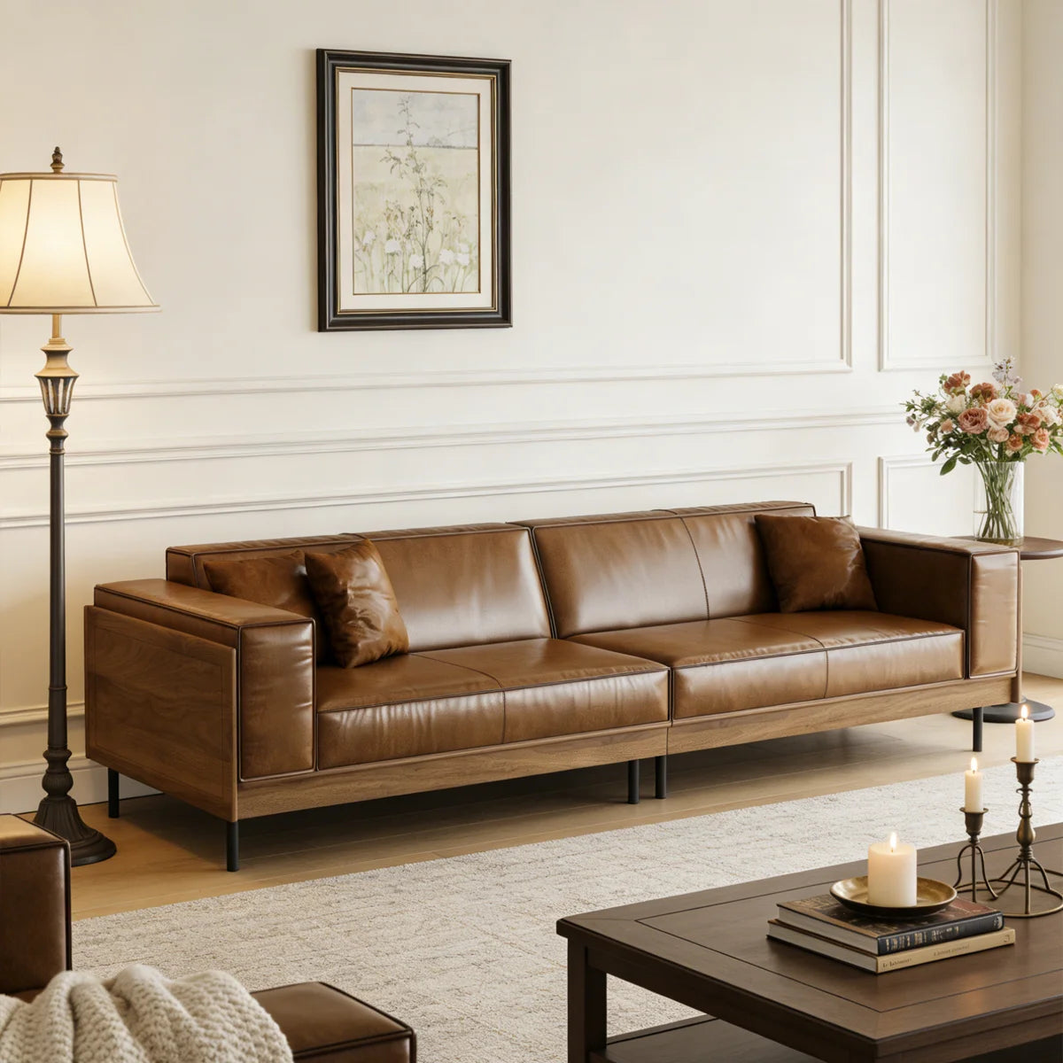 Furnishiaa Modern Brown Faux Leather 4-Seater Sofa with Wooden Accents