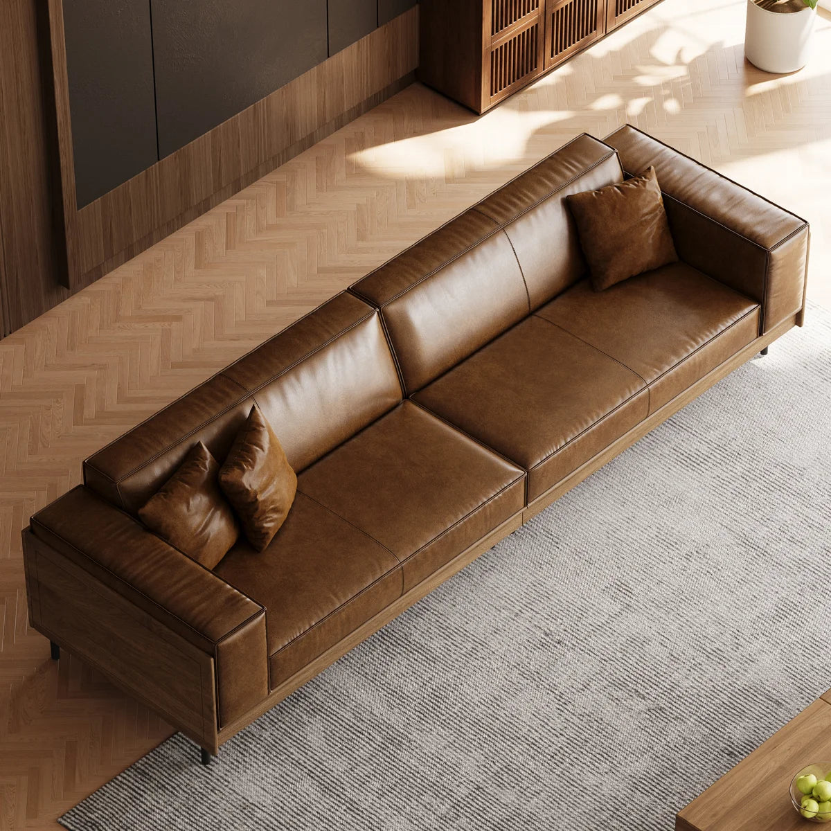 Furnishiaa Modern Brown Faux Leather 4-Seater Sofa with Wooden Accents