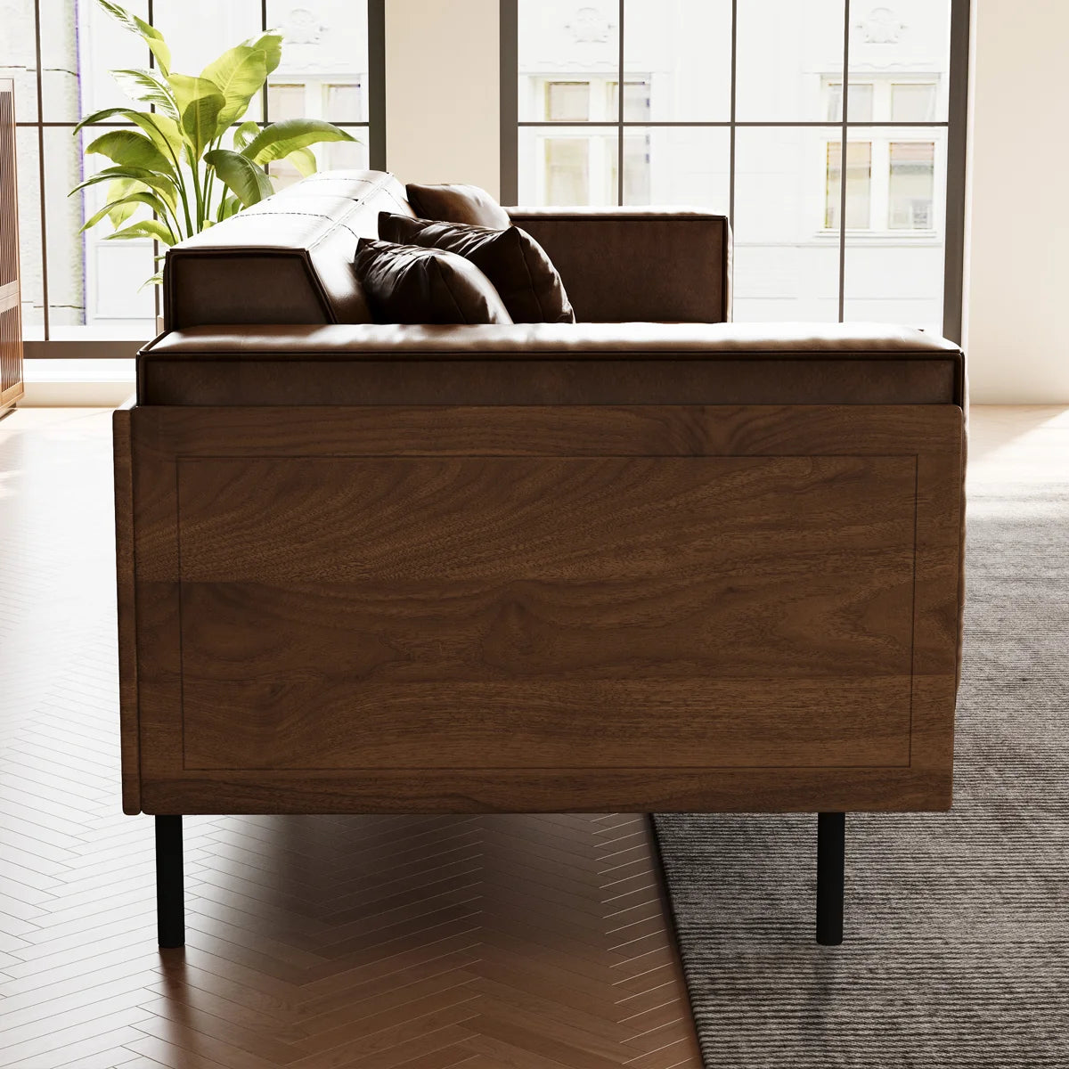 Furnishiaa Modern Brown Faux Leather 4-Seater Sofa with Wooden Accents