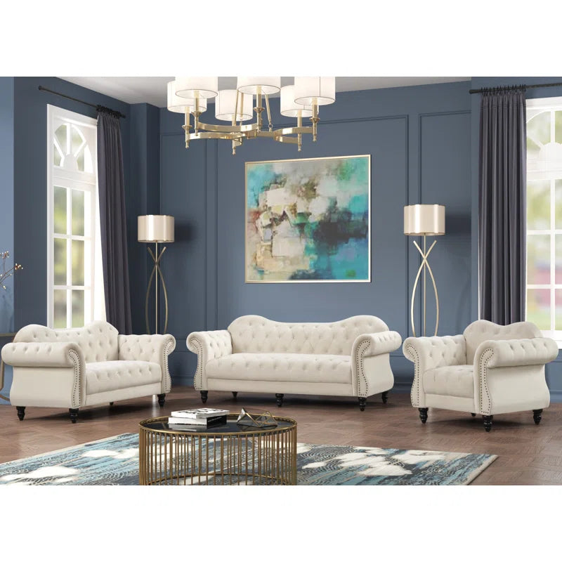 Furnishiaa Upholstered Sofa Set – Luxury Living Room Furniture with Solid Sheesham Wood Legs
