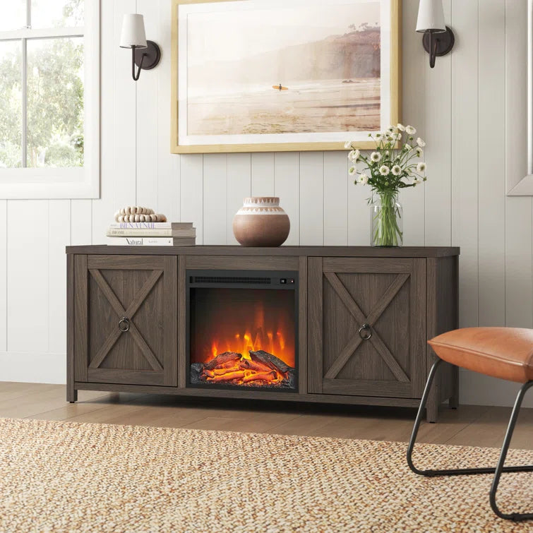 Furnishiaa Sheesham Wood TV Cabinet with Electric Fireplace