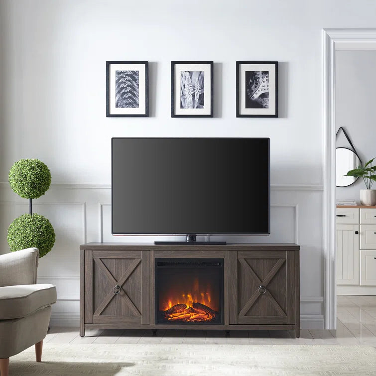 Furnishiaa Sheesham Wood TV Cabinet with Electric Fireplace