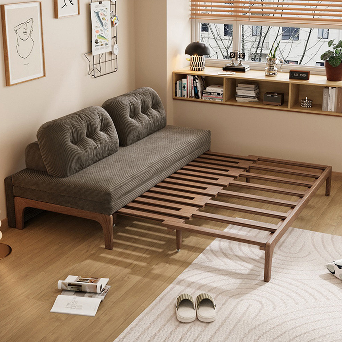 Furnishiaa coffee corduroy solid ash wood sofa bed – detail 1