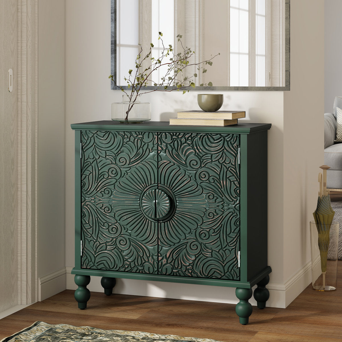 Furnishiaa Floral 2-Door Sideboard with Solid Wood Legs - Green - view 1