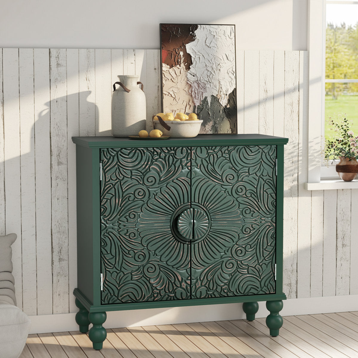 Furnishiaa Floral 2-Door Sideboard with Solid Wood Legs - Green - view 2