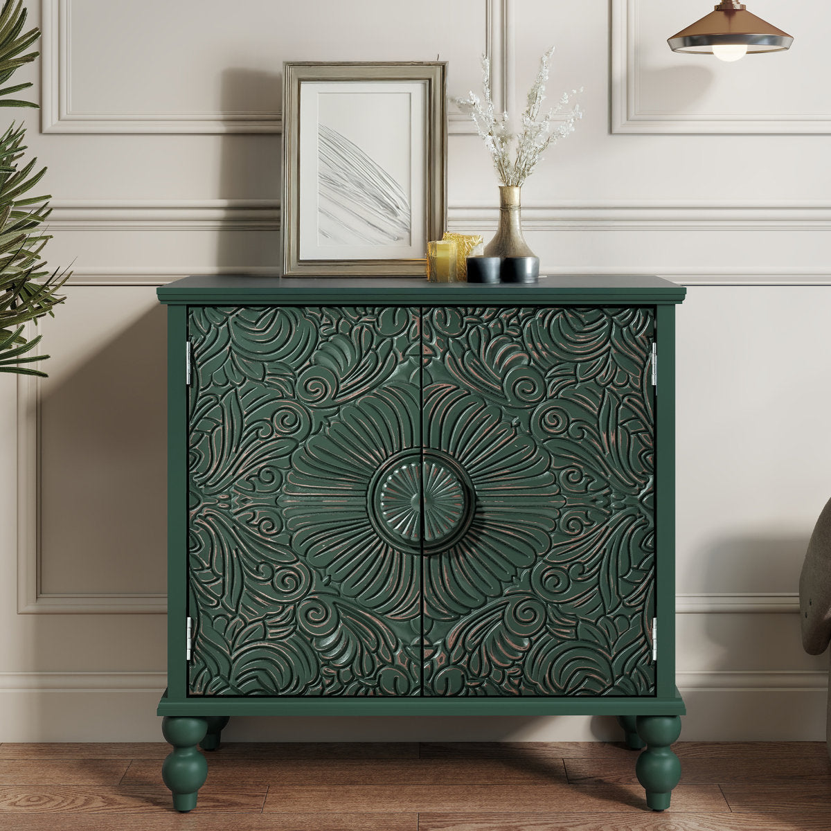 Furnishiaa Floral 2-Door Sideboard with Solid Wood Legs - Green - view 4