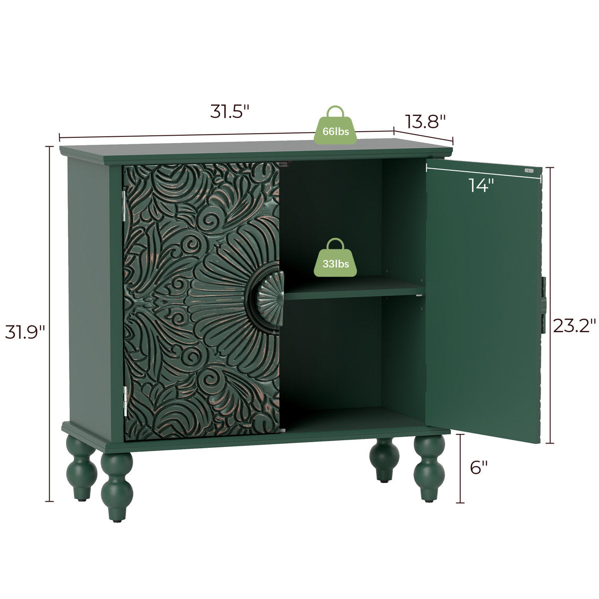 Furnishiaa Floral 2-Door Sideboard with Solid Wood Legs - Green - view 5