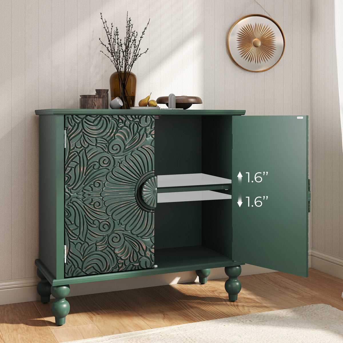 Furnishiaa Floral 2-Door Sideboard with Solid Wood Legs - Green - view 8