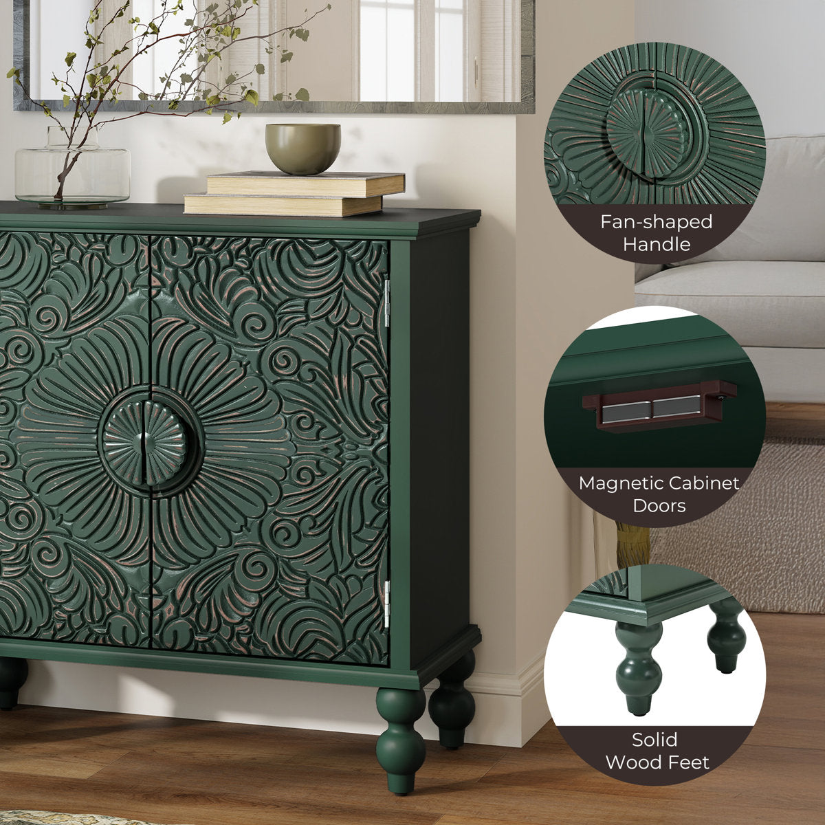 Furnishiaa Floral 2-Door Sideboard with Solid Wood Legs - Green - view 9