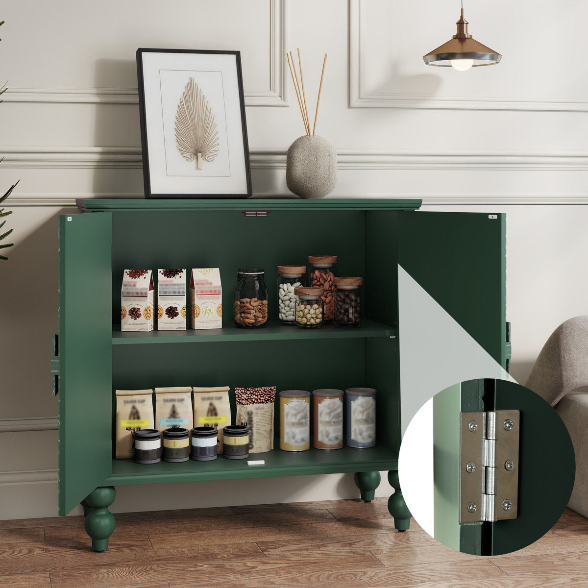 Furnishiaa Floral 2-Door Sideboard with Solid Wood Legs - Green - view 11