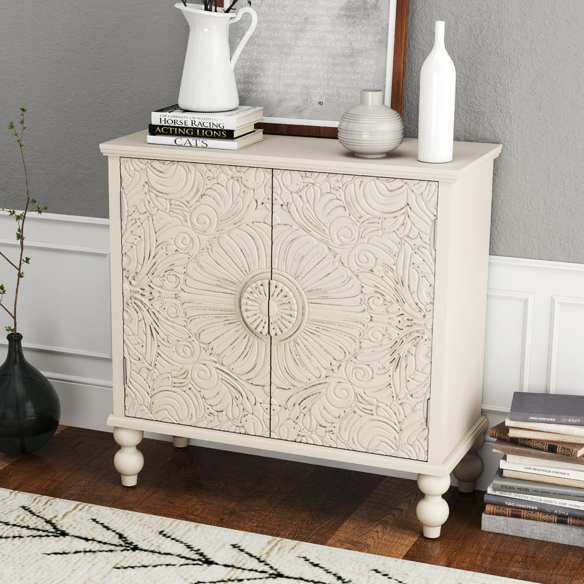 Furnishiaa Floral 2-Door Sideboard with Solid Wood Legs - beige
