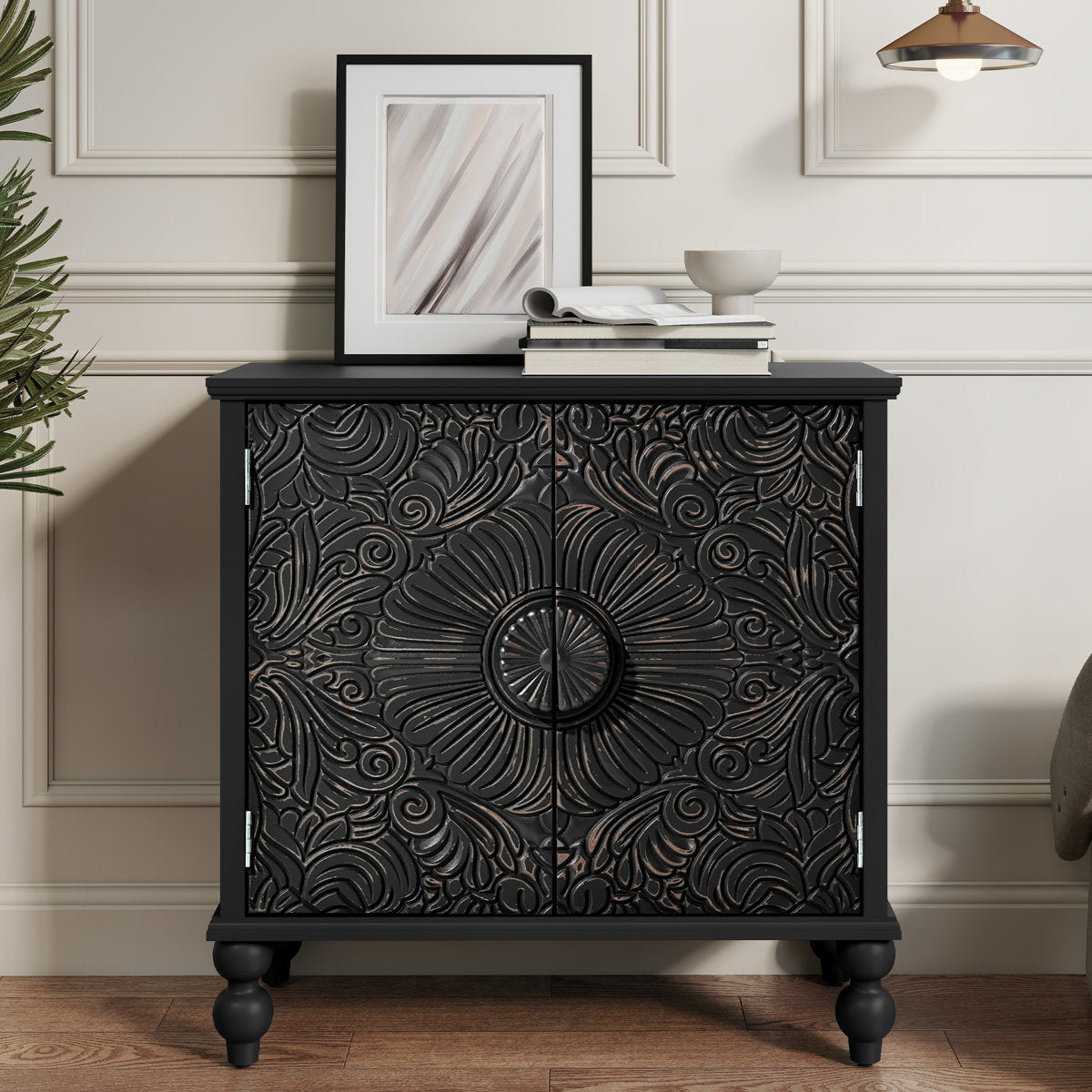 Furnishiaa Floral 2-Door Sideboard with Solid Wood Legs - black