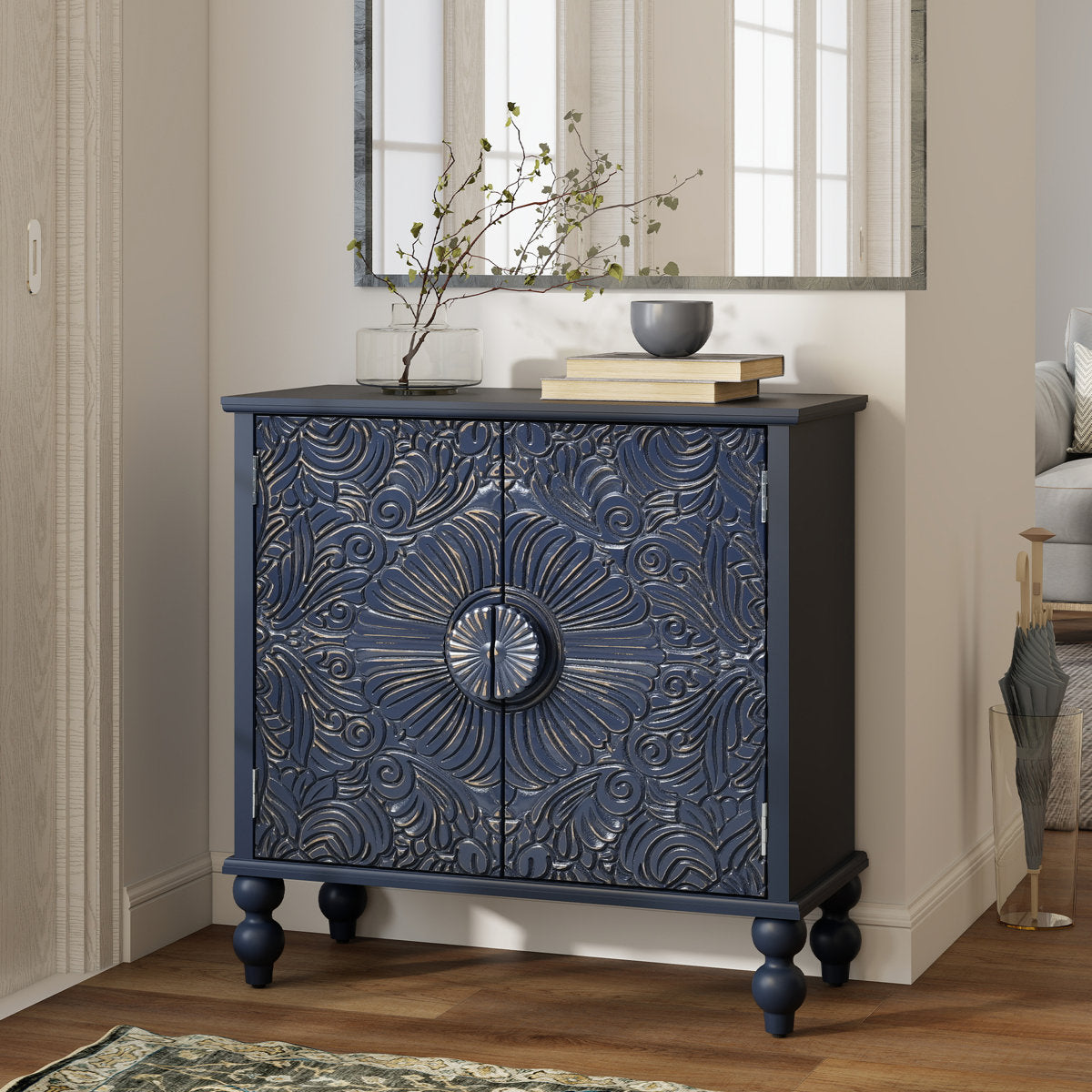 Furnishiaa Floral 2-Door Sideboard with Solid Wood Legs - blue