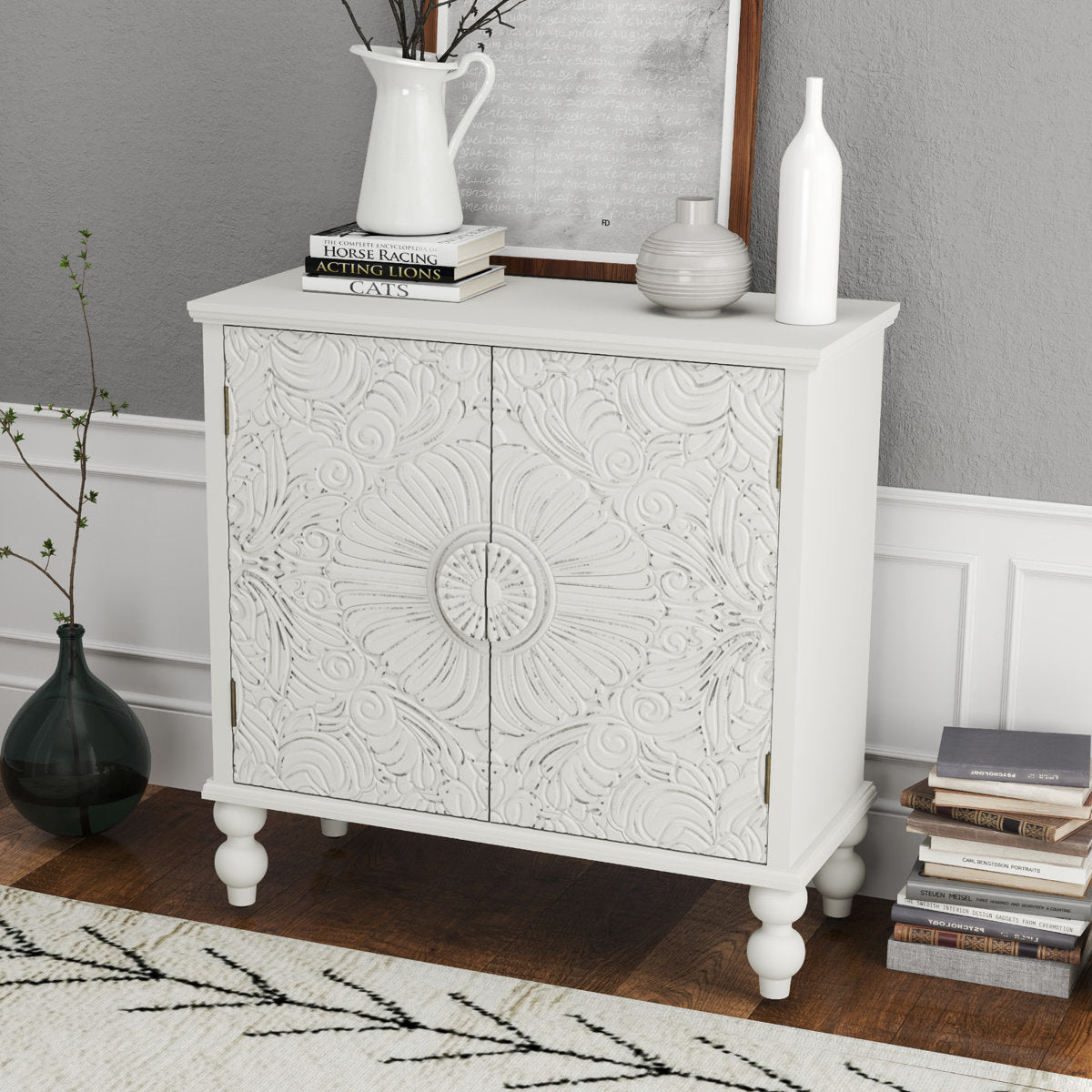 Furnishiaa Floral 2-Door Sideboard with Solid Wood Legs - white