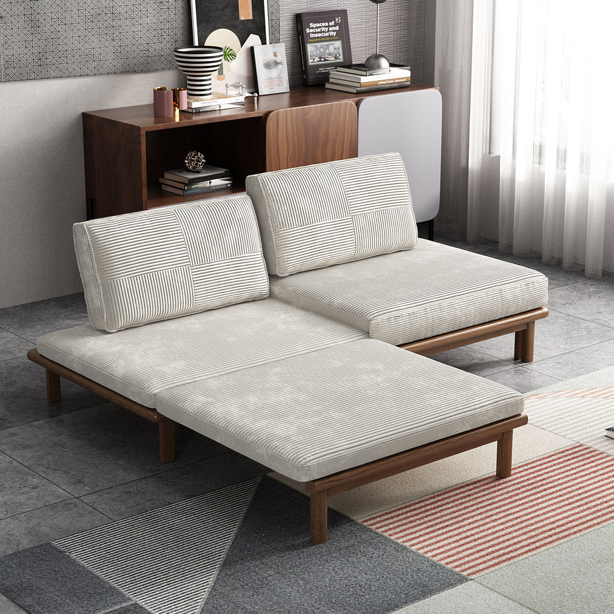 Gagik ash wood sleeper sofa in off-white corduroy