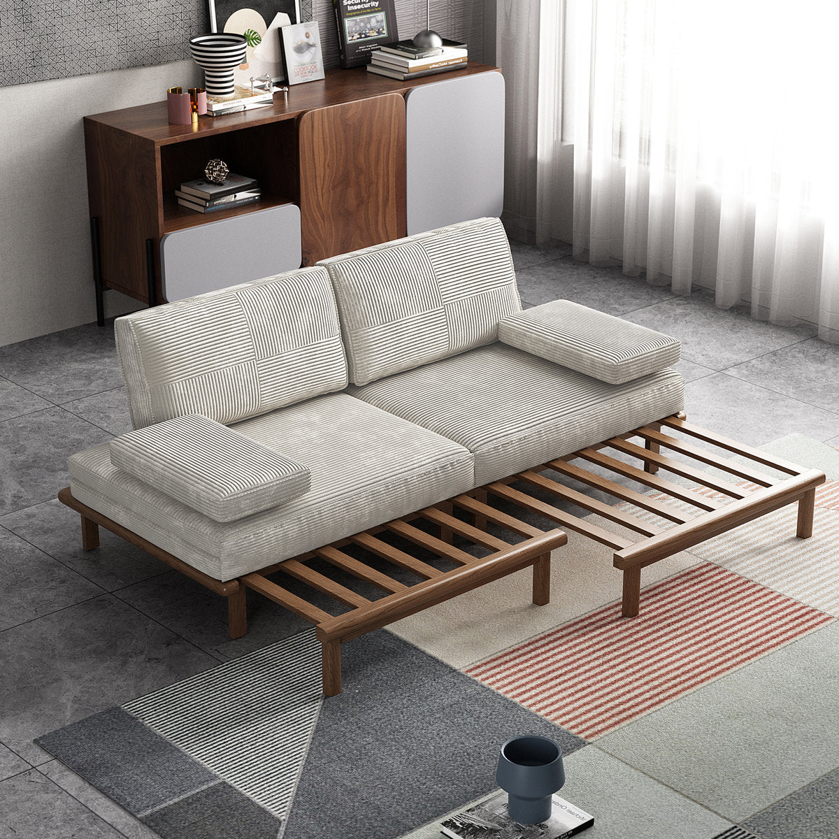 Off-white corduroy Gagik sleeper sofa shown extended