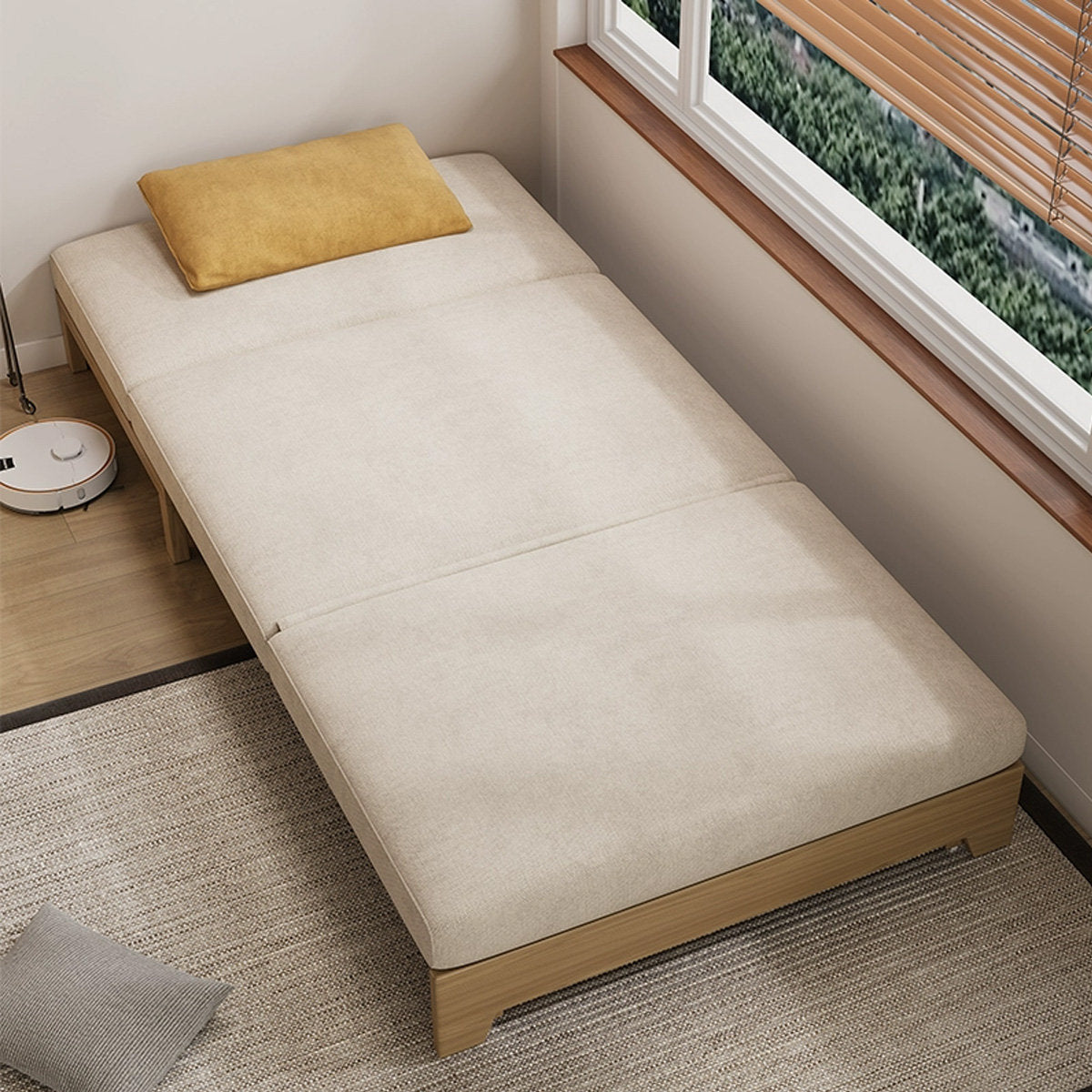 Beige pull-out sofa bed main view with solid ash wood frame