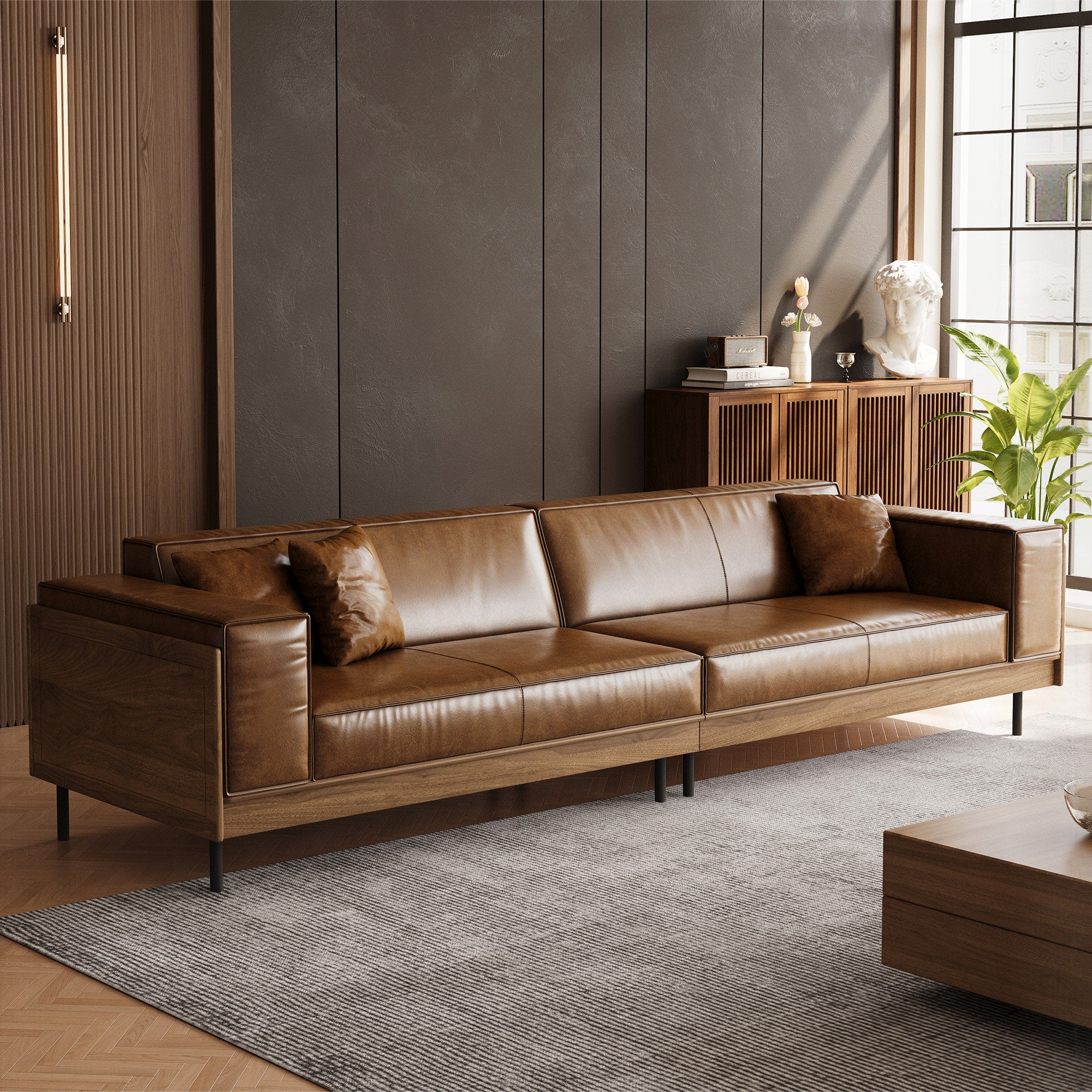 Additional Wayfair gallery photo of the brown four-seater sofa with wooden accents