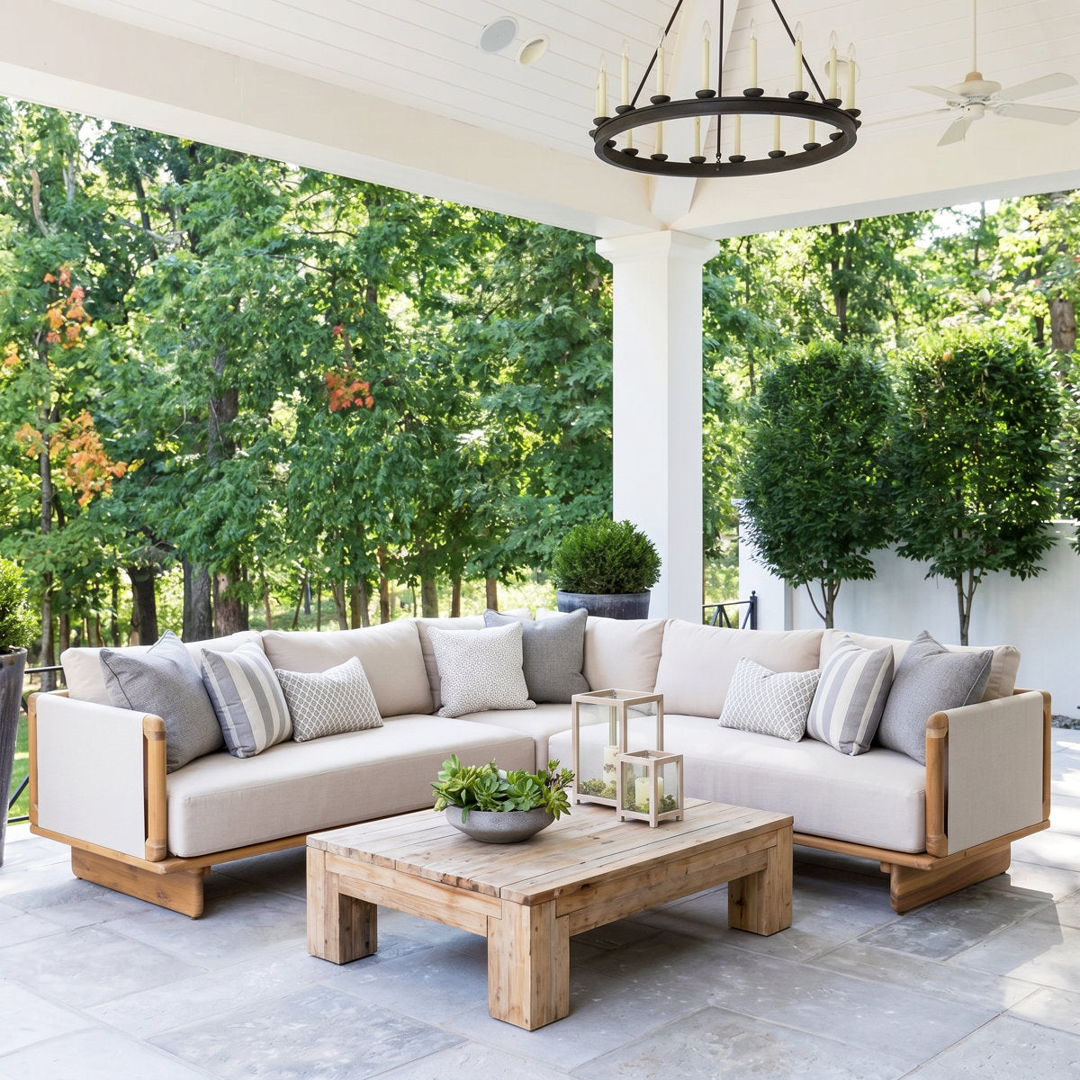 Furnishiaa Mysa acacia wood outdoor sofa with beige cushions, five-seat configuration