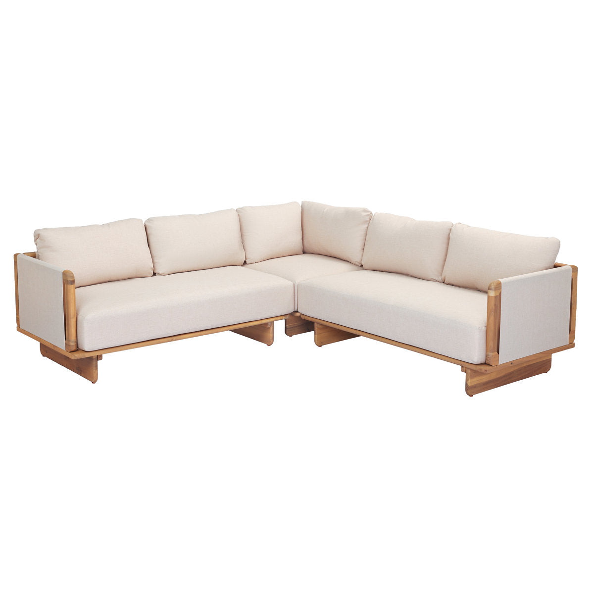 Side angle of Furnishiaa Mysa outdoor sofa in solid acacia wood with cushions