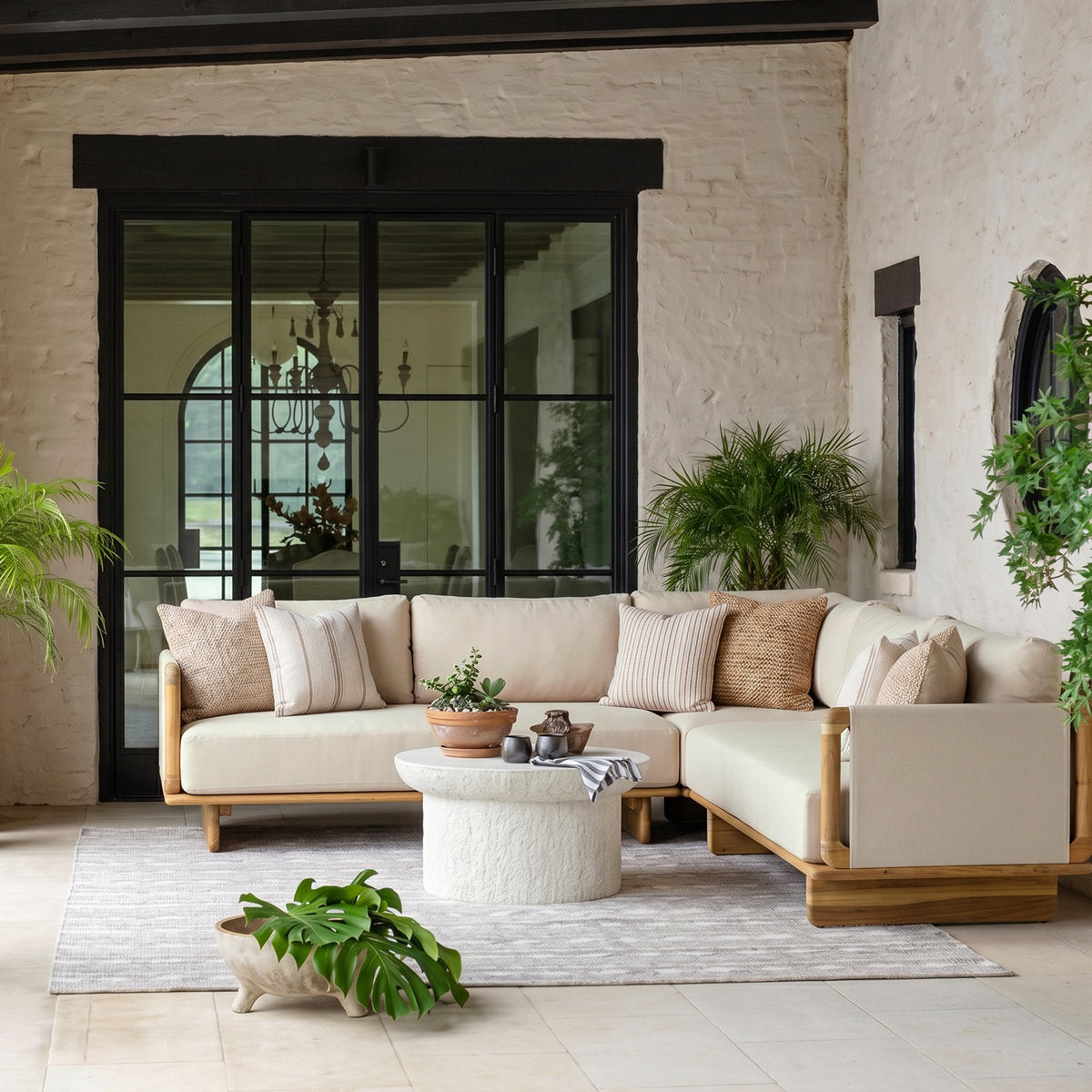 Detail view of Mysa solid acacia wood outdoor sofa and removable polyester cushion covers