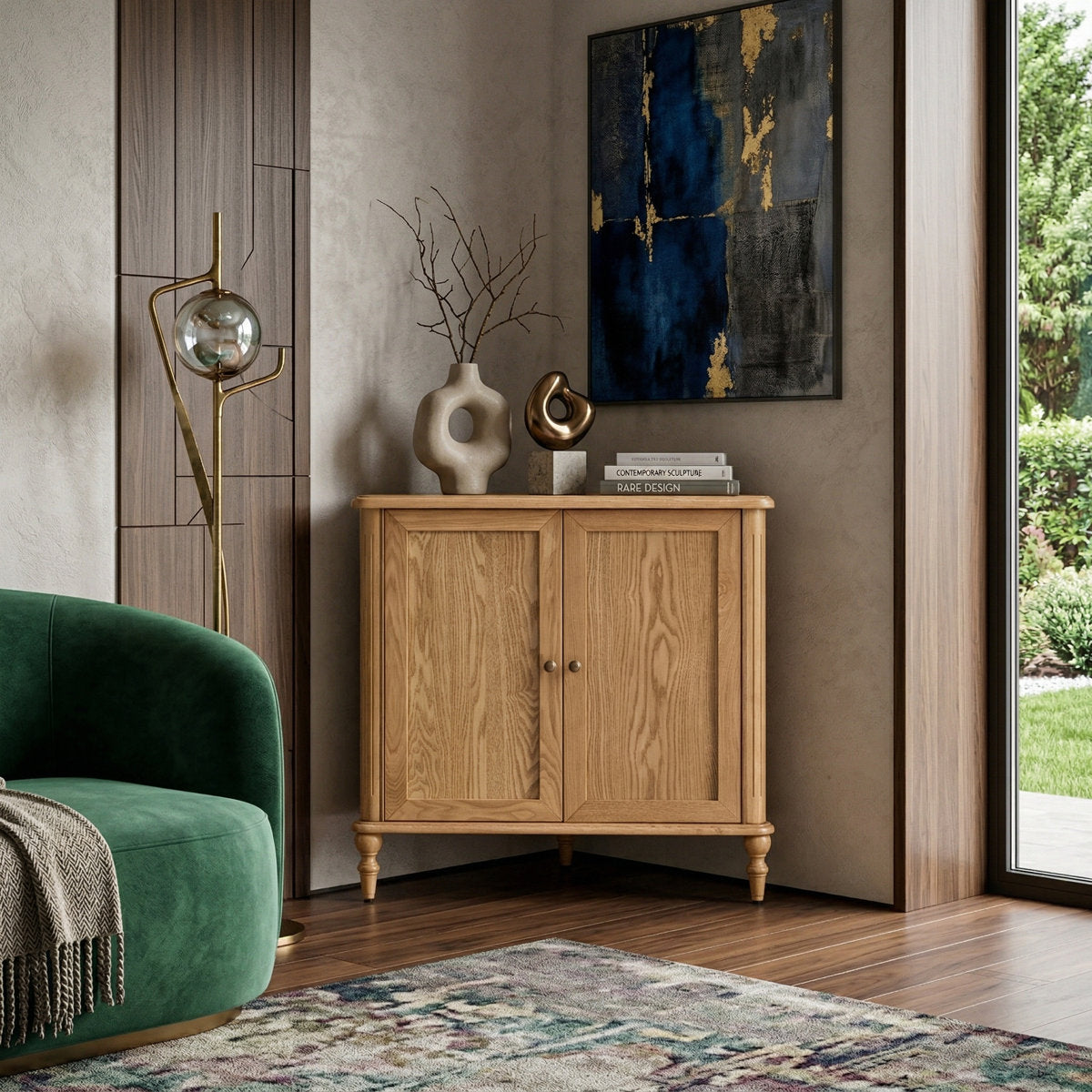 Furnishiaa oak wood two-door corner storage cabinet – main image