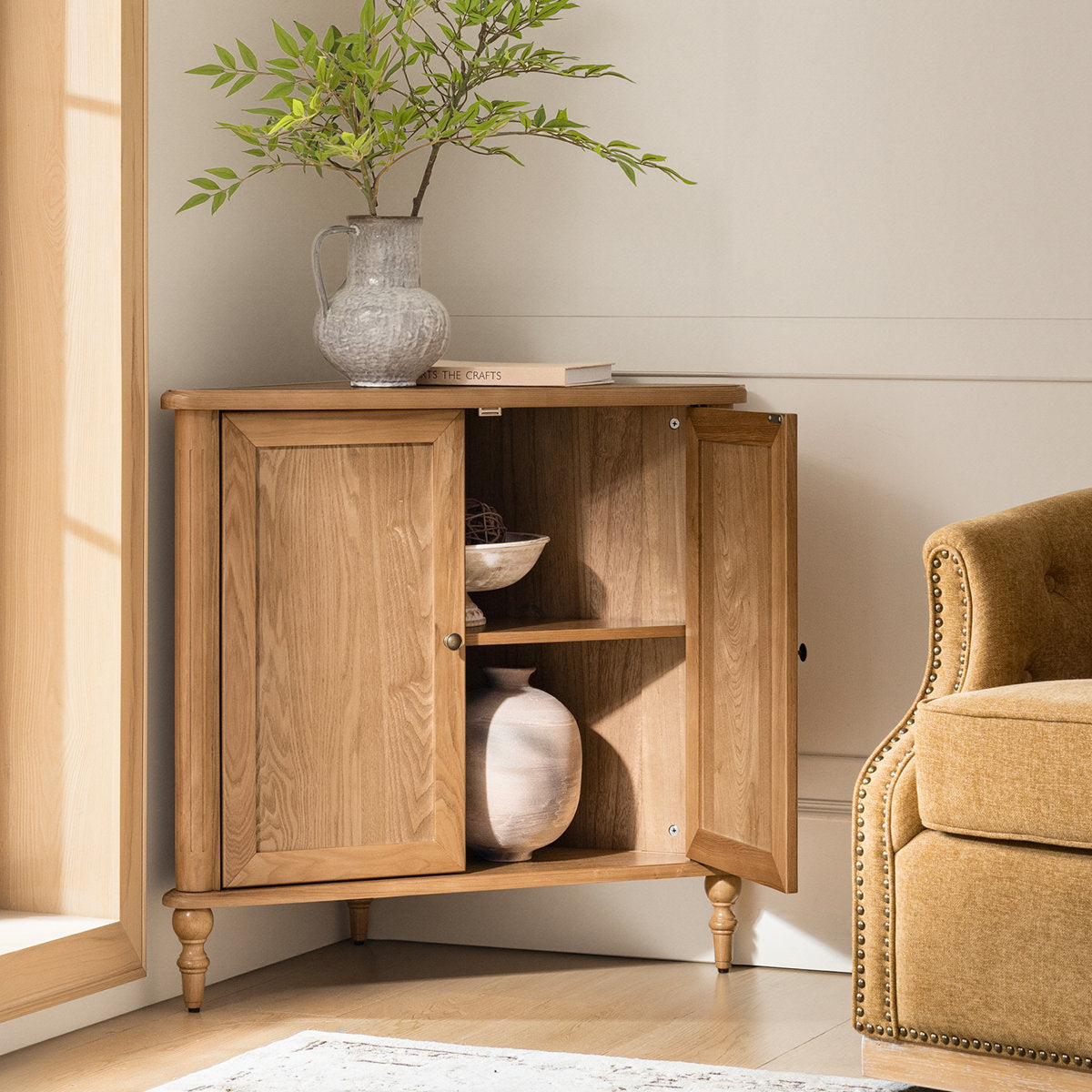 Furnishiaa oak wood two-door corner storage cabinet – gallery view 2