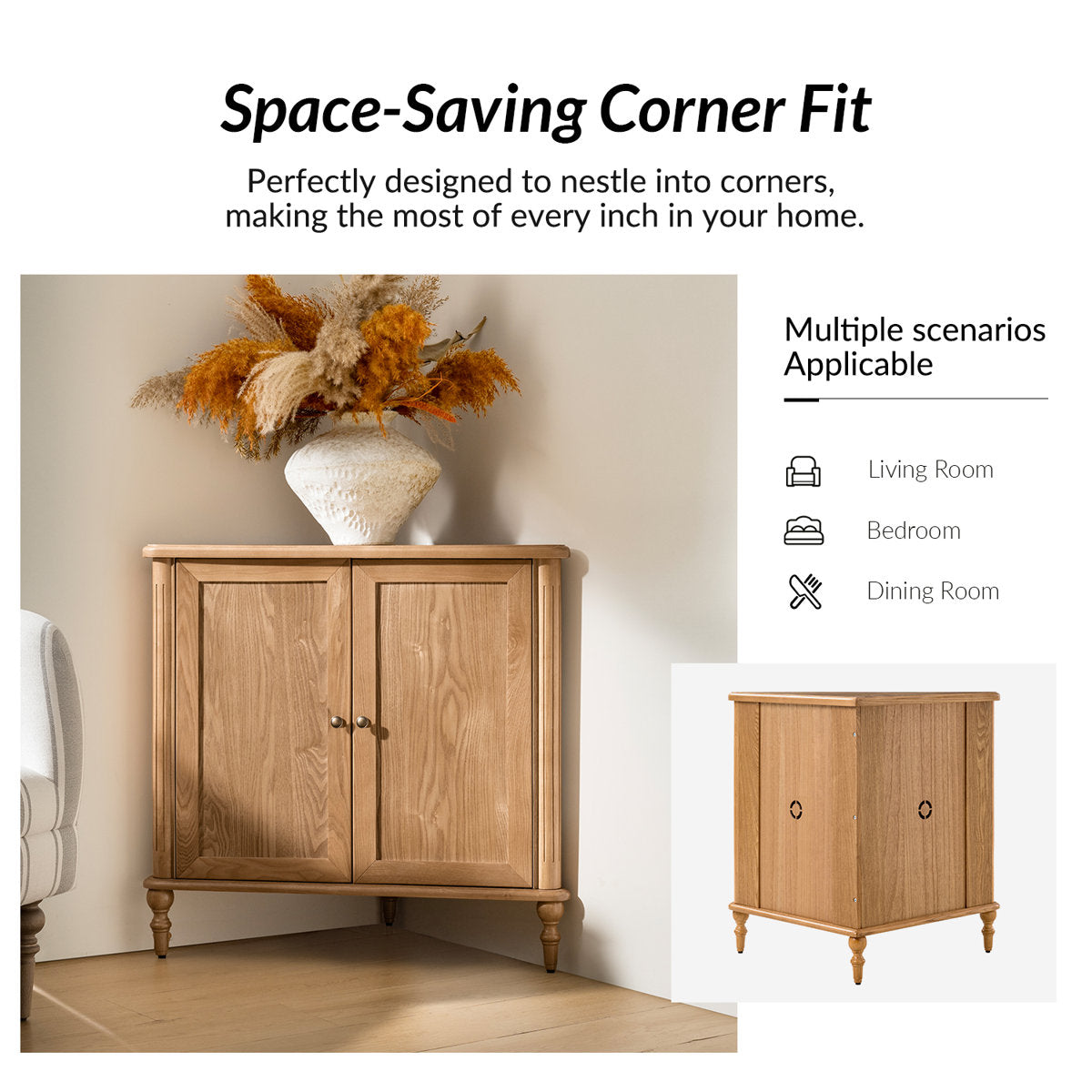 Furnishiaa oak wood two-door corner storage cabinet – gallery view 4