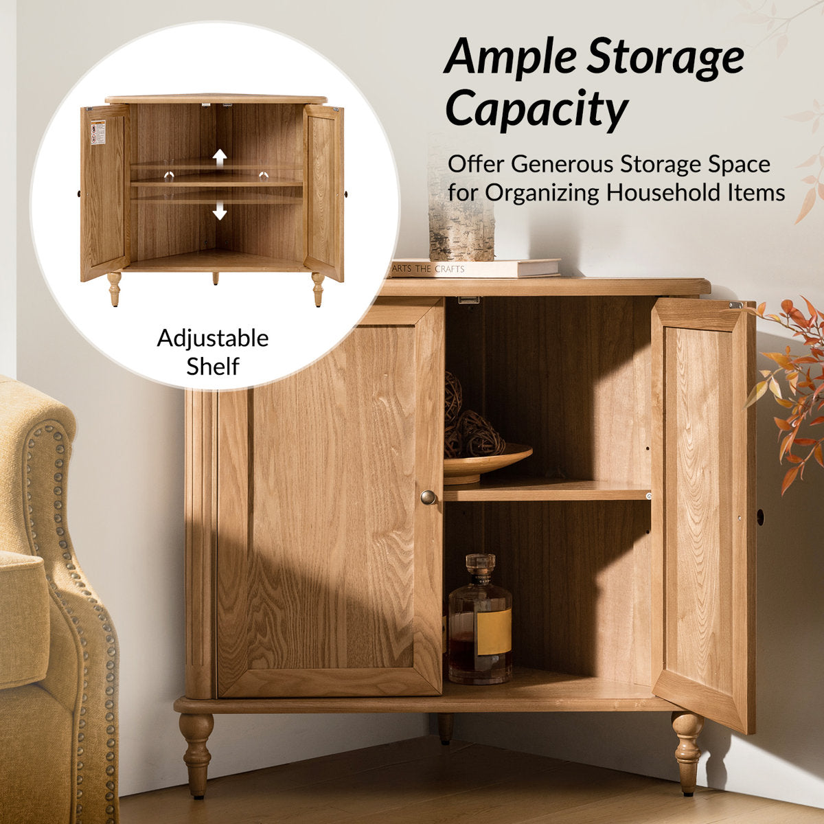 Furnishiaa oak wood two-door corner storage cabinet – gallery view 6