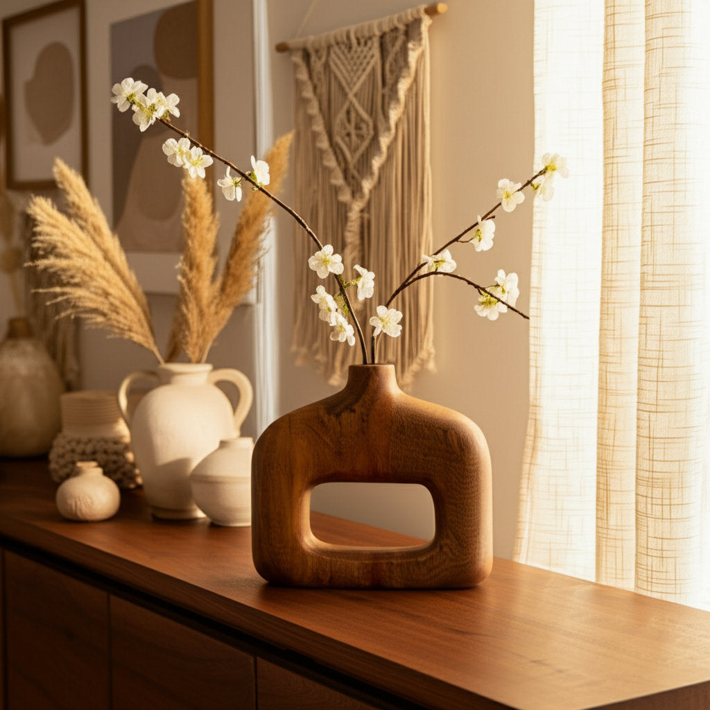 Furnishiaa sculptural wooden table vase in brown - view 2
