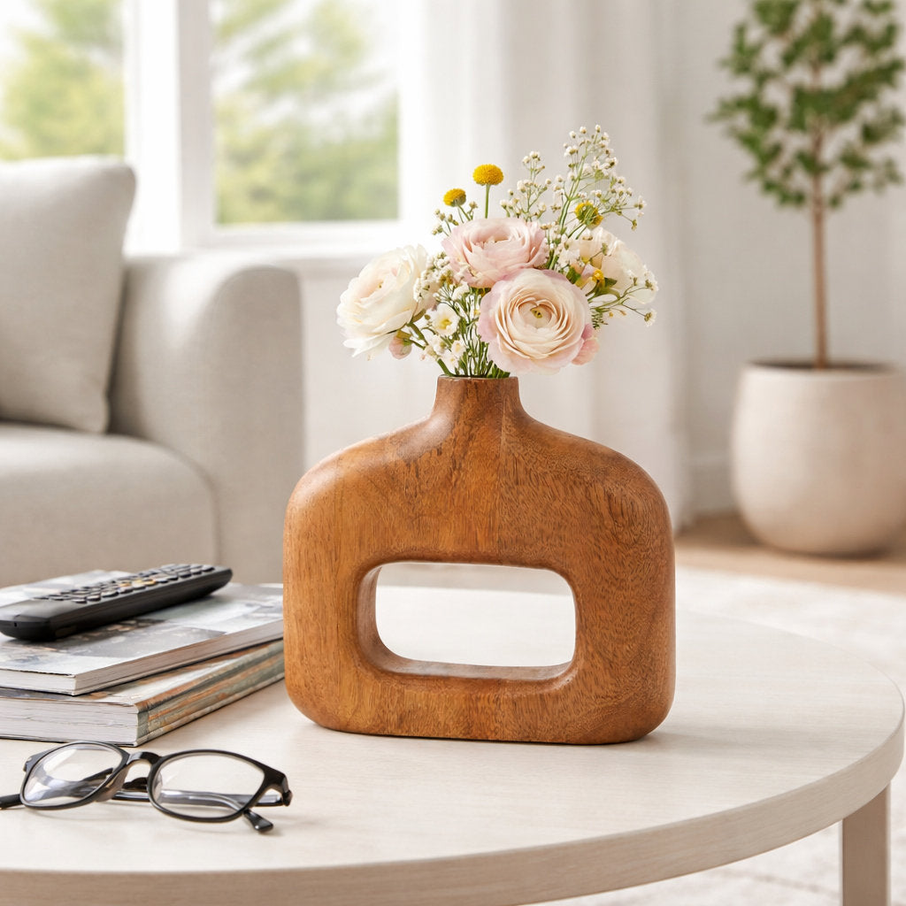 Furnishiaa sculptural wooden table vase in brown - view 3