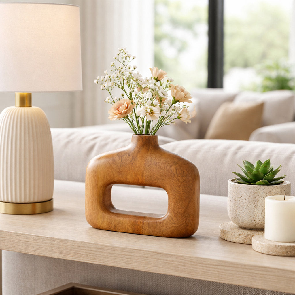 Furnishiaa sculptural wooden table vase in brown - view 5