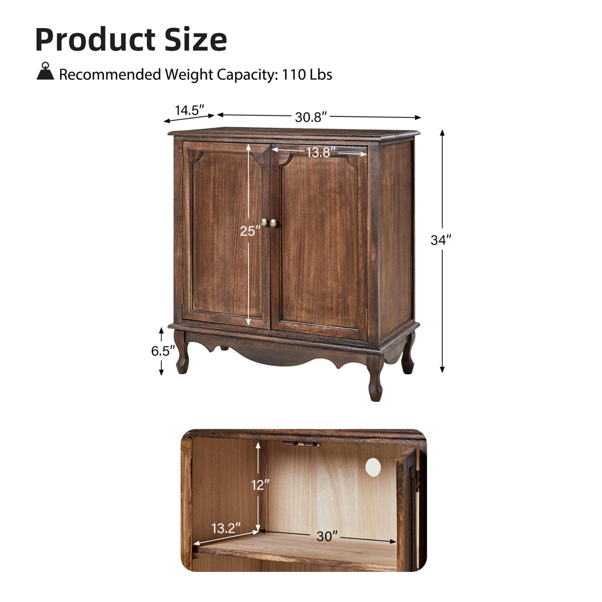 Furnishiaa solid wood 2-door accent cabinet in Walnut - view 3