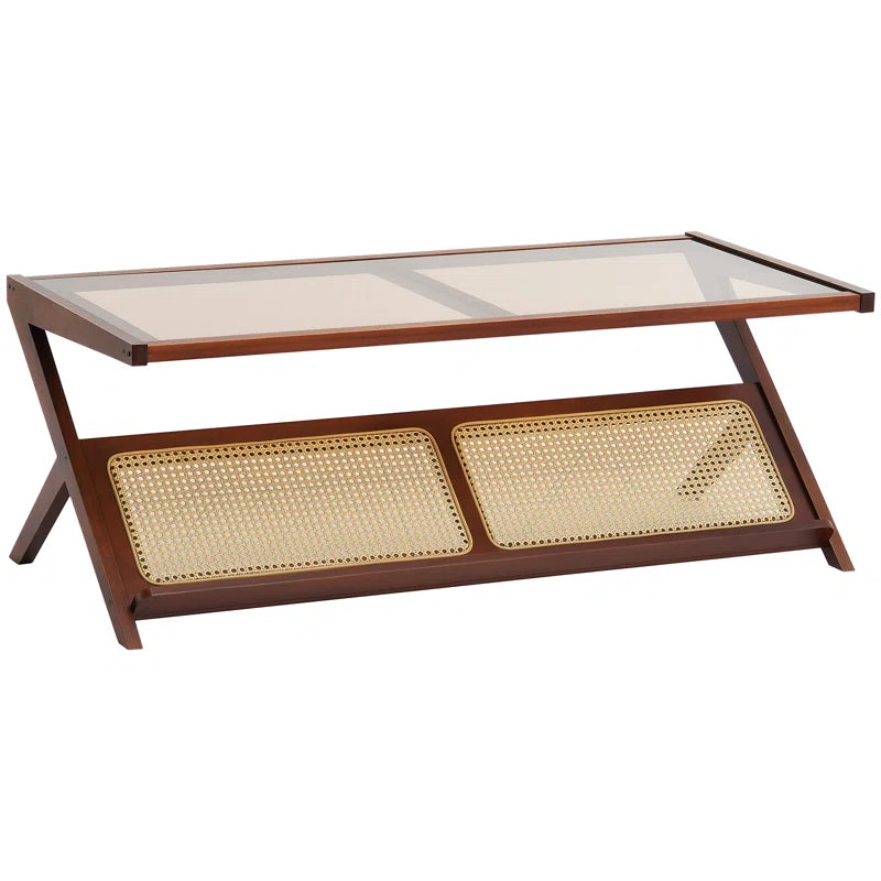 Furnishiaa  Z-Shaped Rattan Coffee Table with Tempered Glass Top