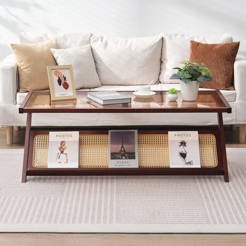 Furnishiaa  Z-Shaped Rattan Coffee Table with Tempered Glass Top