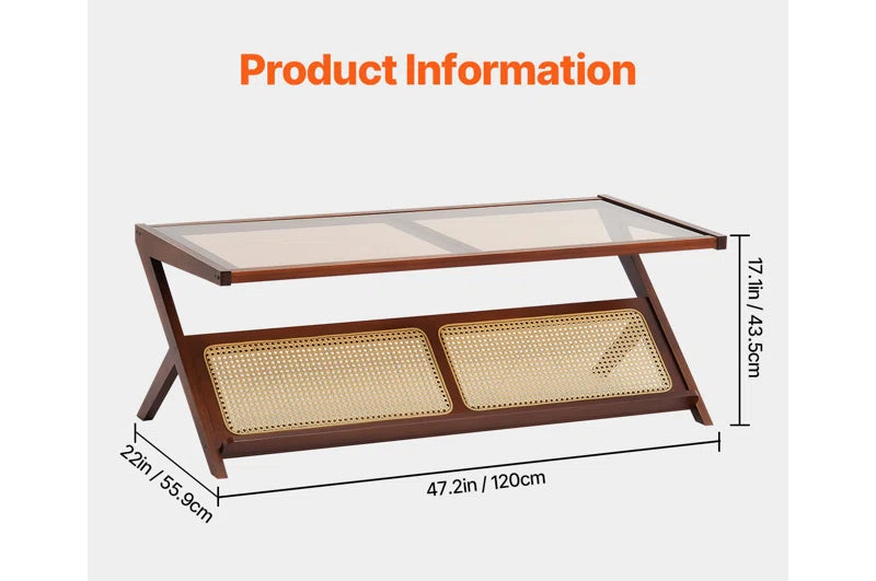 Furnishiaa  Z-Shaped Rattan Coffee Table with Tempered Glass Top