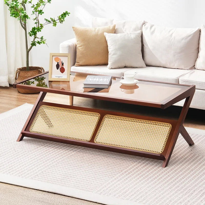 Furnishiaa  Z-Shaped Rattan Coffee Table with Tempered Glass Top