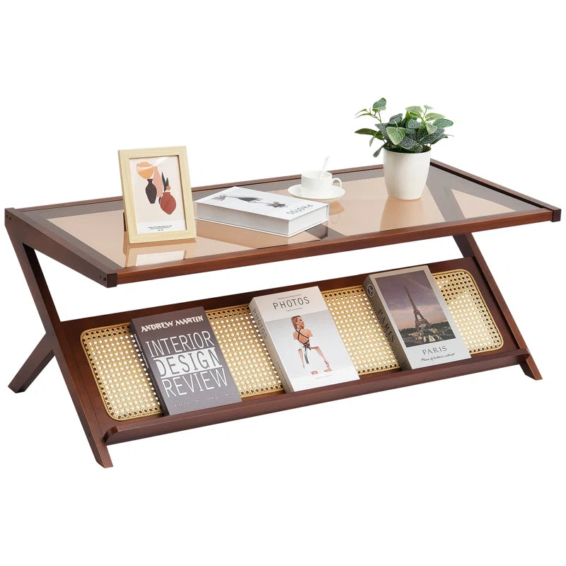 Furnishiaa  Z-Shaped Rattan Coffee Table with Tempered Glass Top