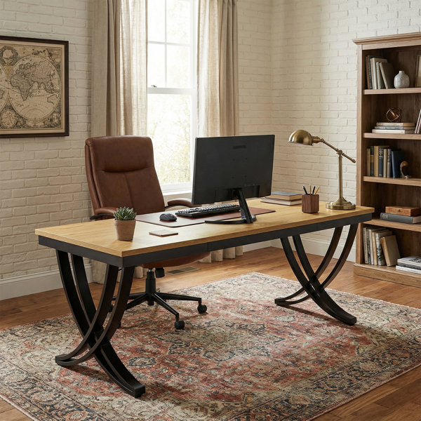 Industrial 2-person computer desk with oak-look top and curved legs — front view