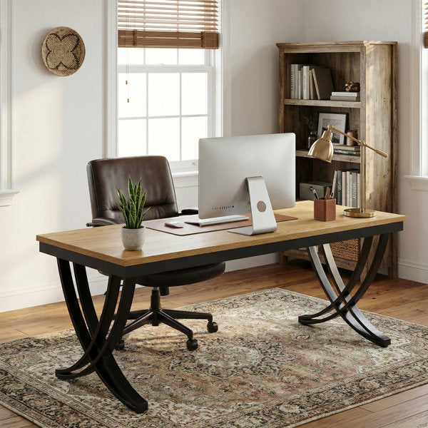 Industrial 2-person computer desk with curved metal legs — alternate view
