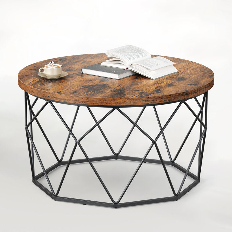 Furnishiaa round coffee table with rustic brown top and black geometric steel base, front view