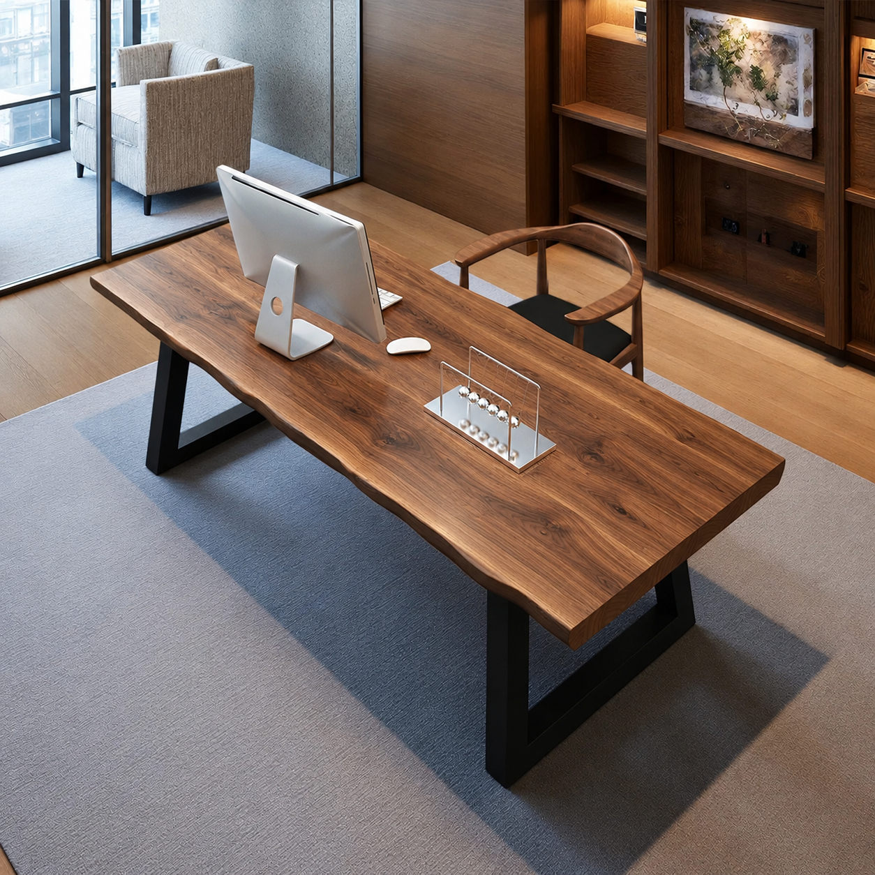 Industrial solid pine writing desk with black iron frame, main view