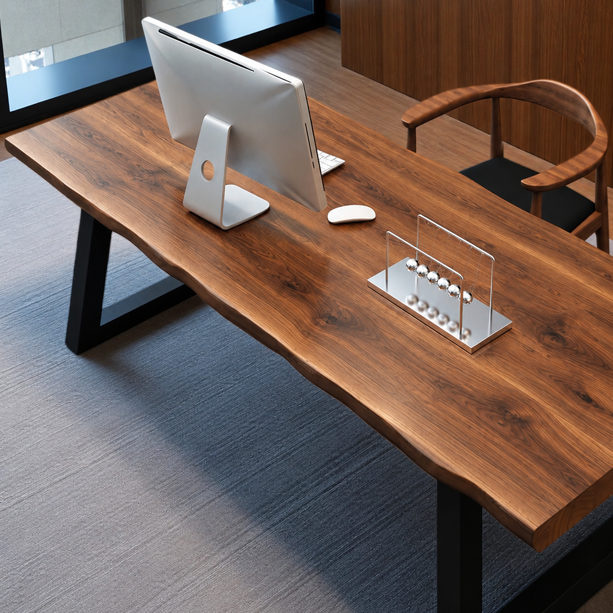 Industrial solid pine writing desk with black iron frame, alternate view