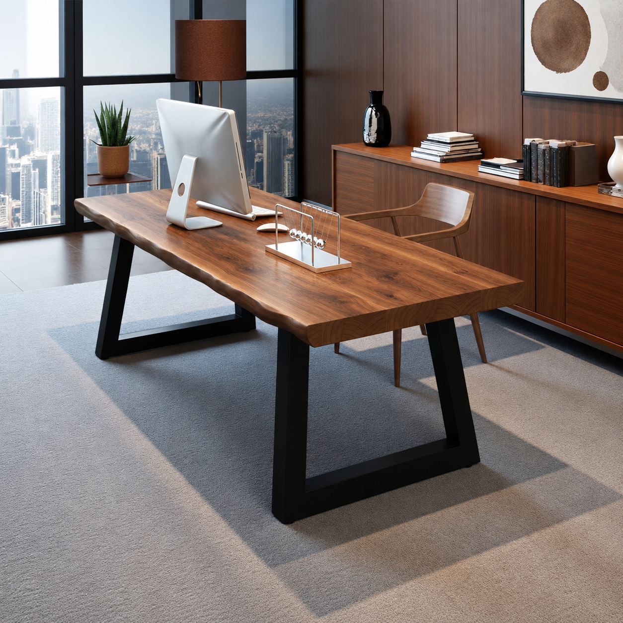Industrial solid pine writing desk with black iron frame, detail view