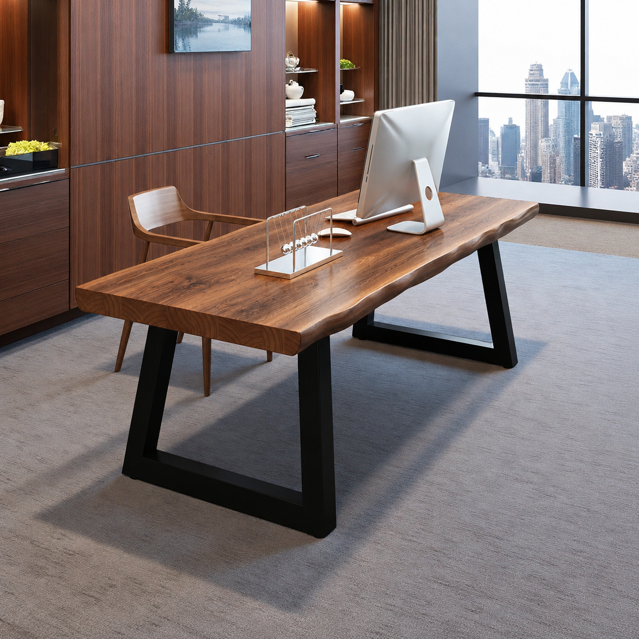 Industrial solid pine writing desk with black iron frame, product angle