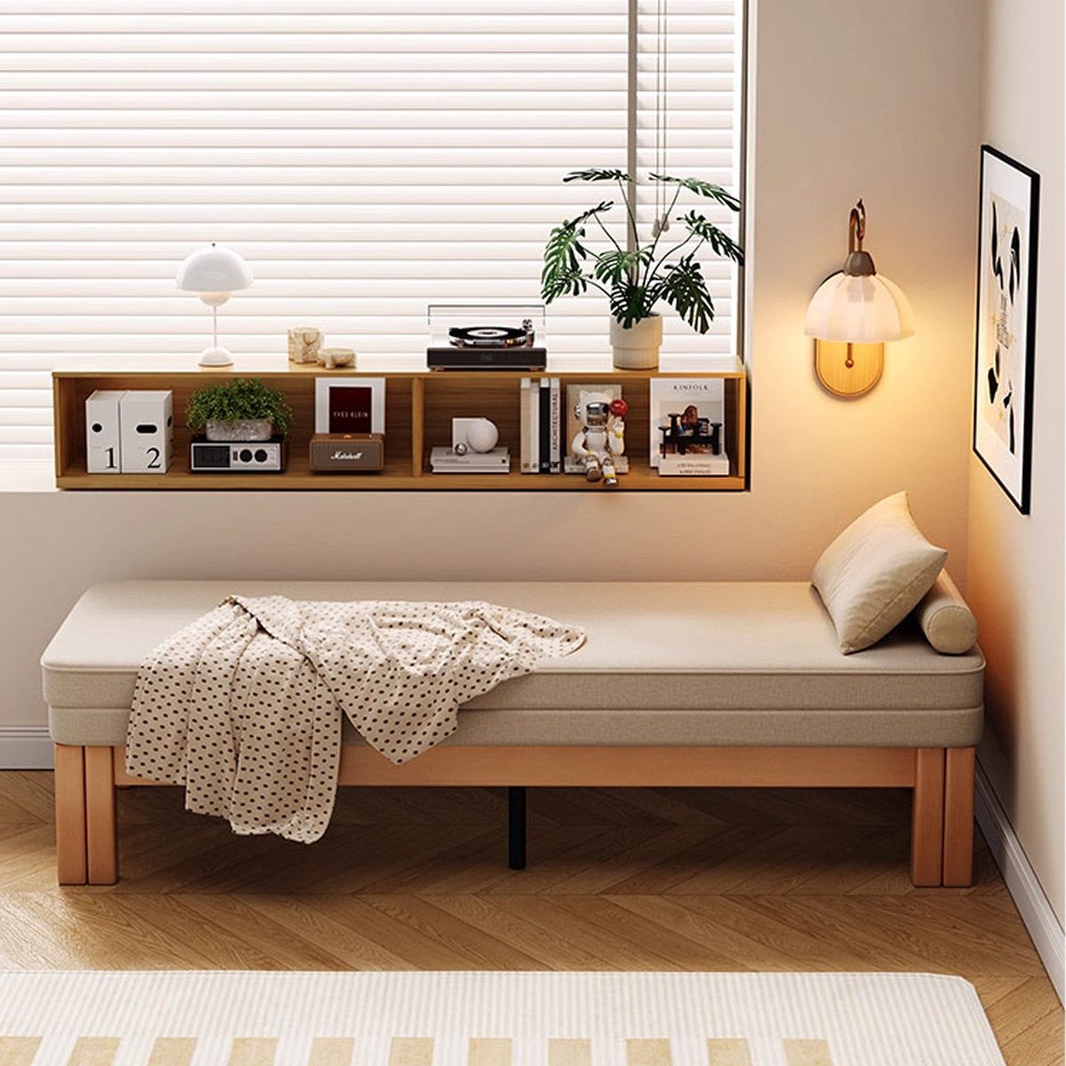 Convertible sofa bed with beech wood legs