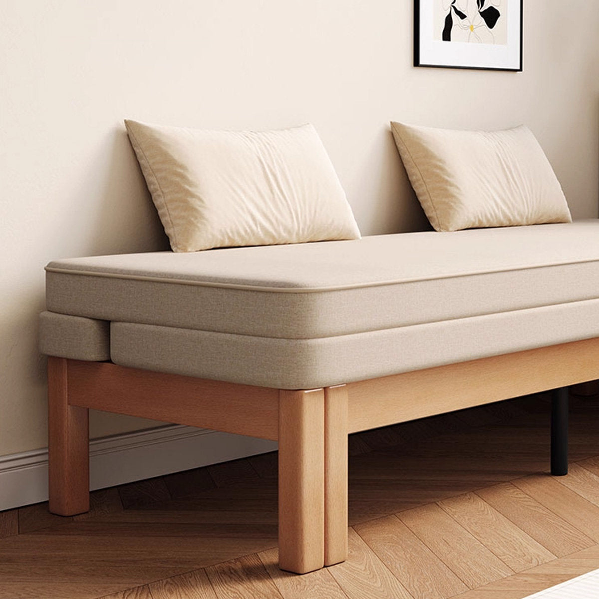 Sofa bed with beech wood accents