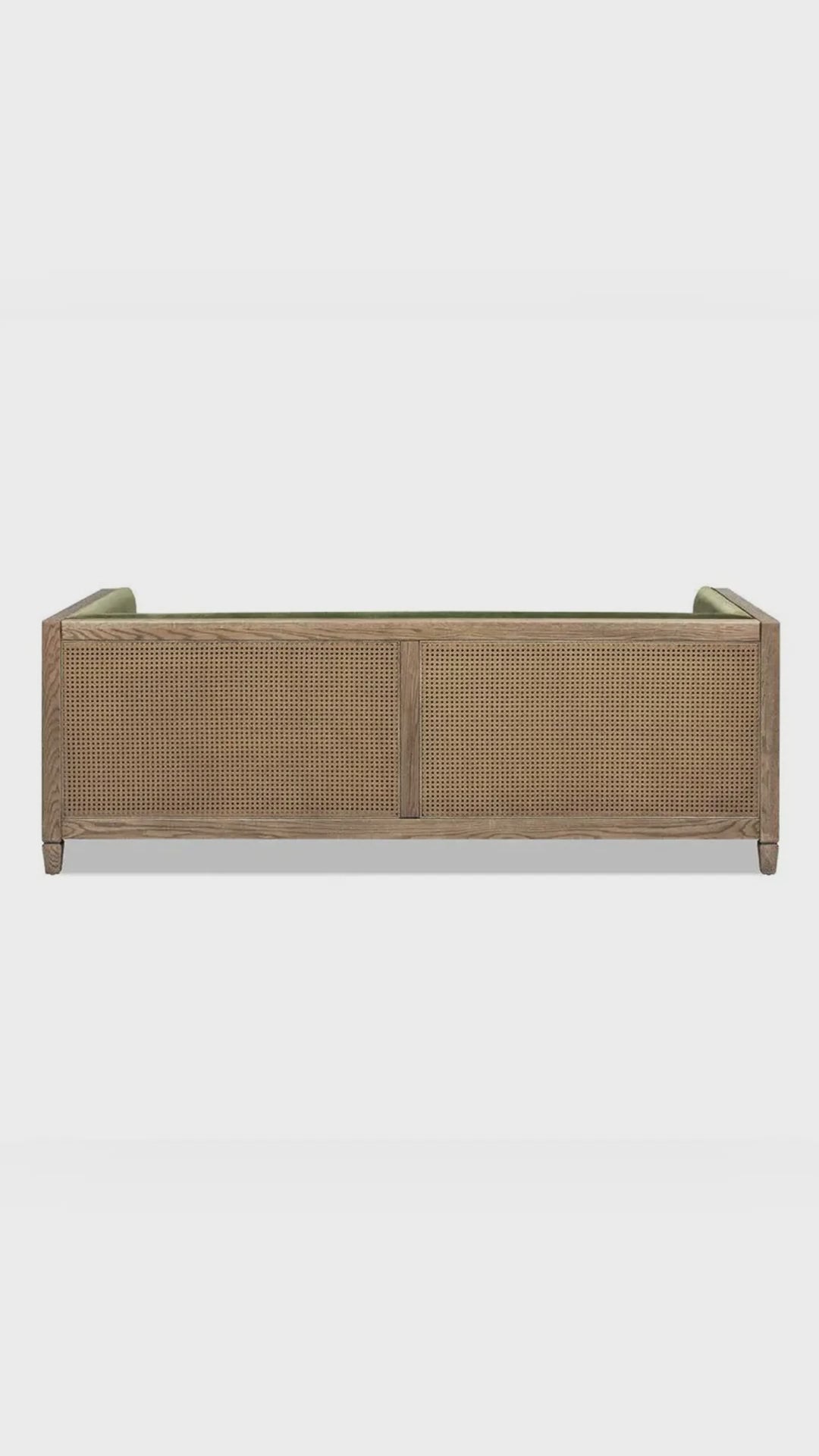 Furnishiaa Upholstered Sofa with Natural Cane and Olive Velvet