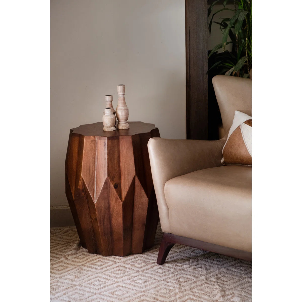 Furnishiaa Solid Sheesham Wood Geometric Side Table – Modern Drum Design