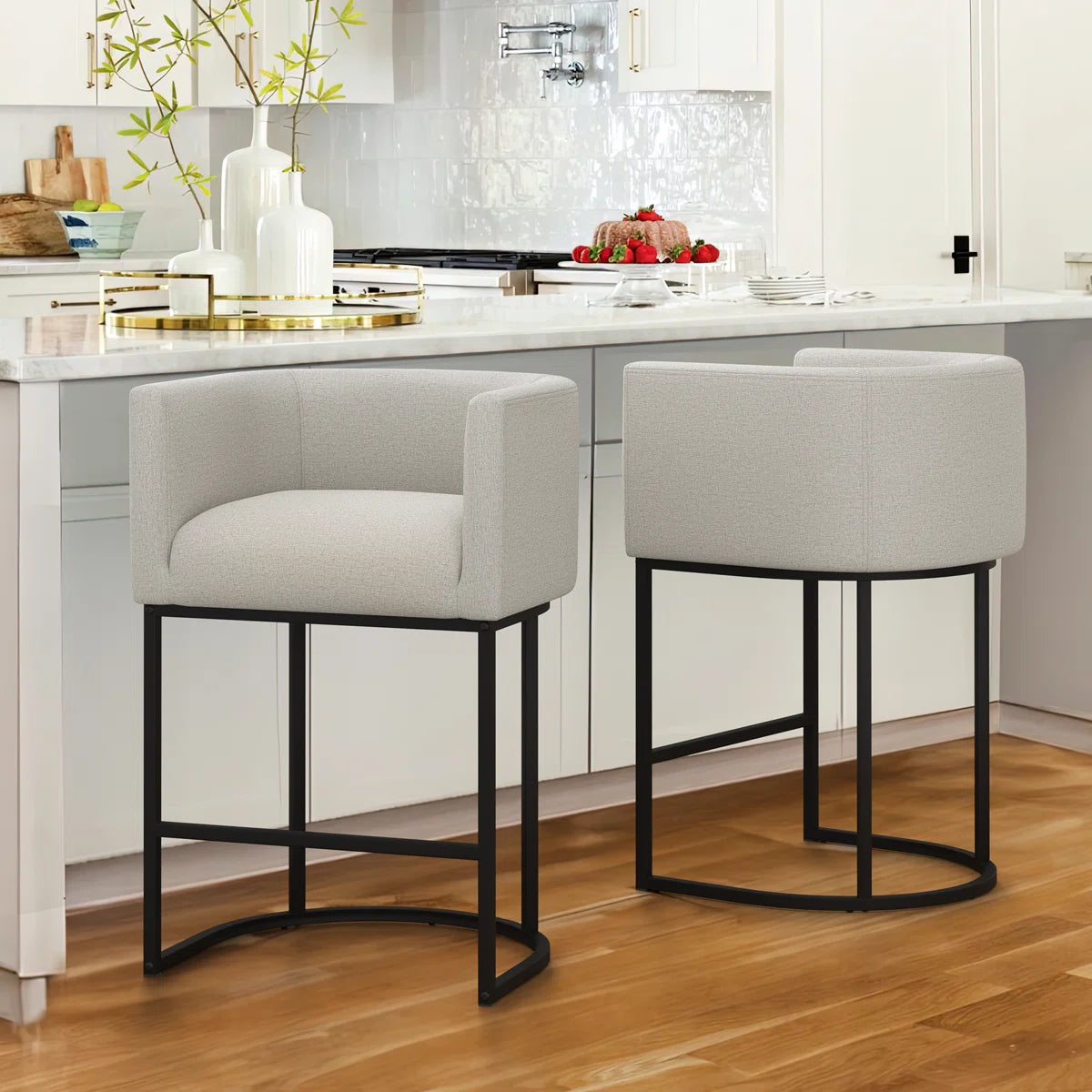 Furnishiaa Modern Linen Counter Stools – 2-Piece Set with Bucket-Style Seat & Metal Sled Base